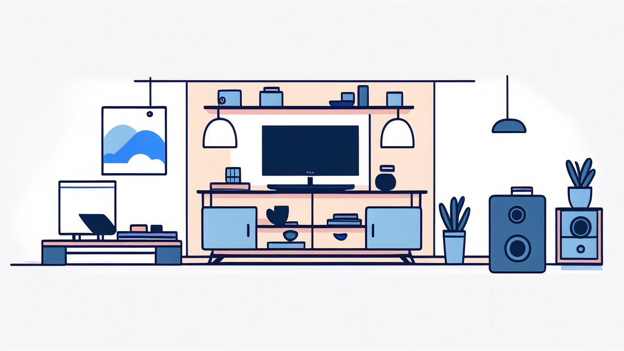 Modern living room with adjustable TV stand, beige unit, blue sofa, and bookshelf.