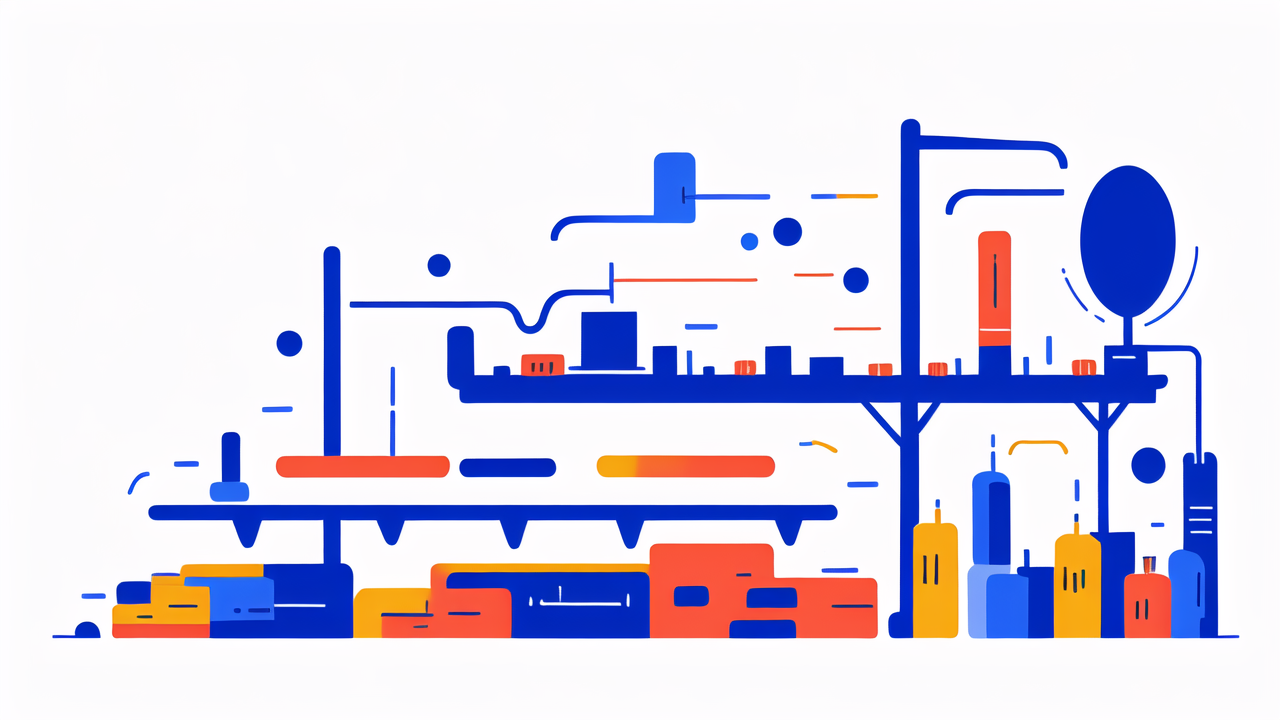 Vibrant cityscape with geometric buildings in blue and orange; carbon fiber tubes.