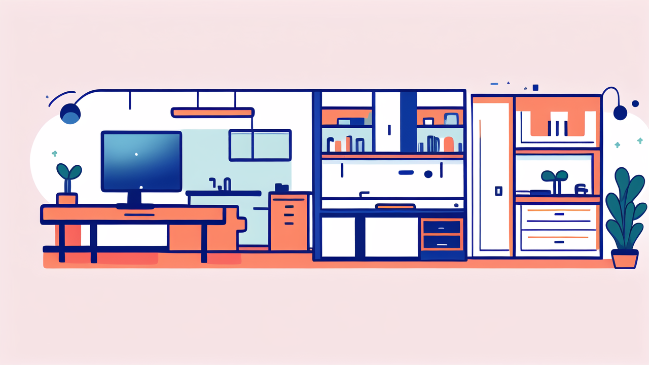 Modern living space with multifunctional bed, vibrant blue and orange theme, Storage Solutions
