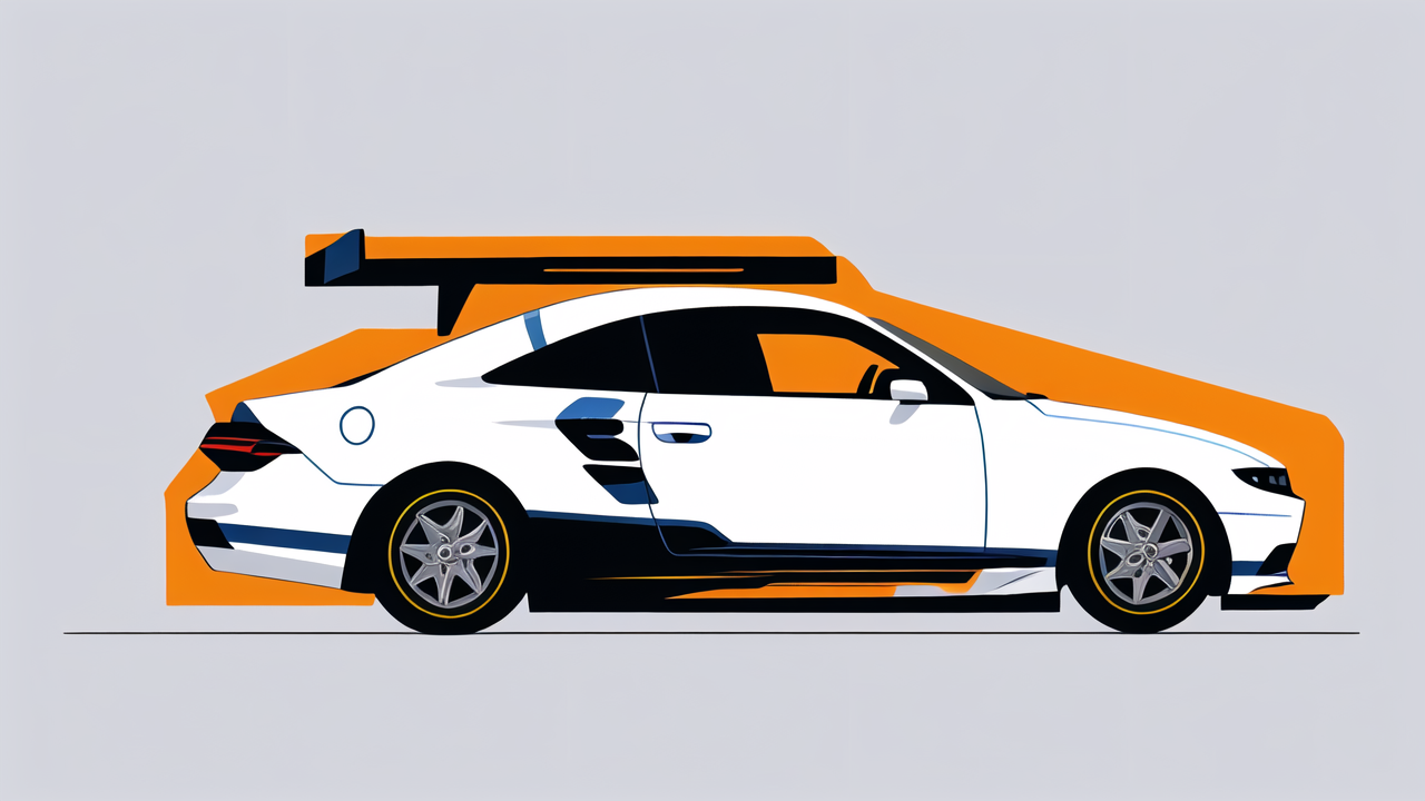 Sleek white car with blue and orange accents, featuring carbon fiber sheets.