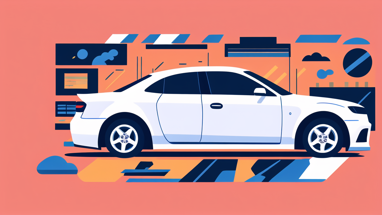 carbon fiber honeycomb sandwich panel, White car with black roof and grille, blue hubcaps, pink background, dynamic shapes.