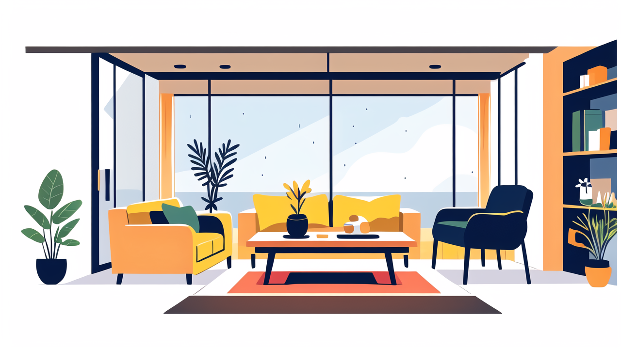 interior design south africa, Modern living room with Teak Desk, yellow sofa, snow-view window in South Africa.