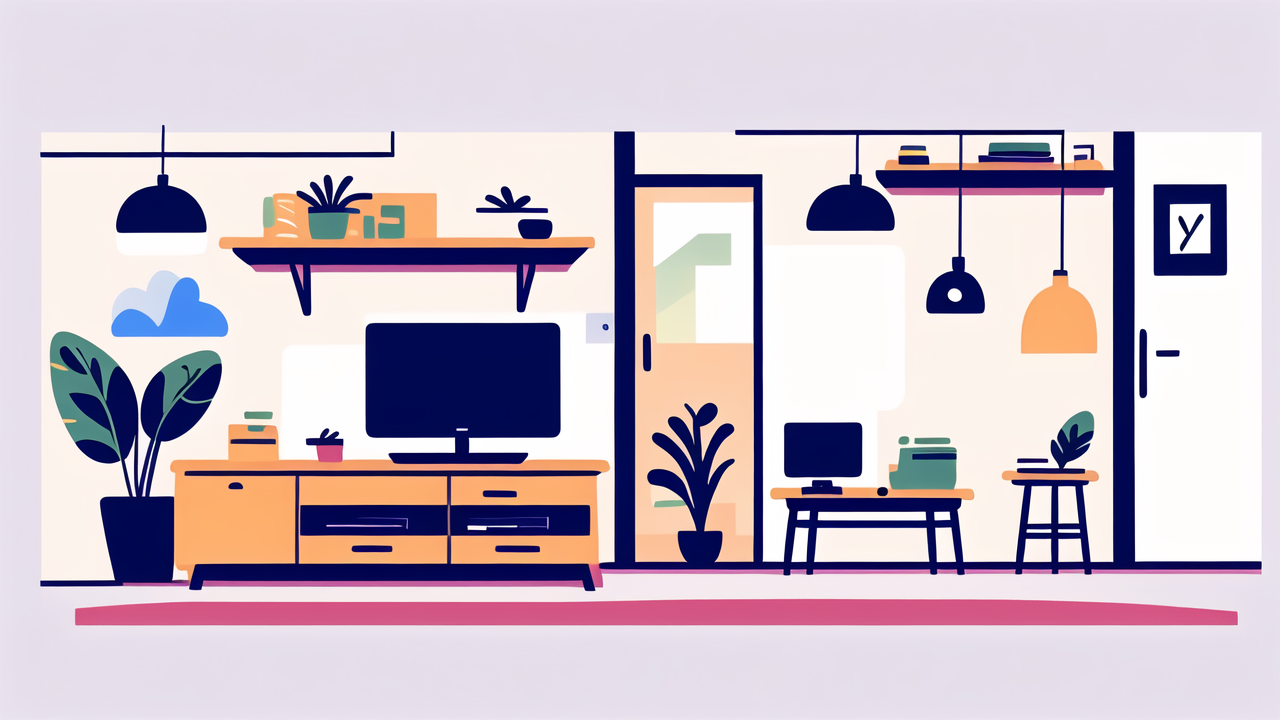 Rustic modern TV stand with indoor plants, minimalist design, natural light.