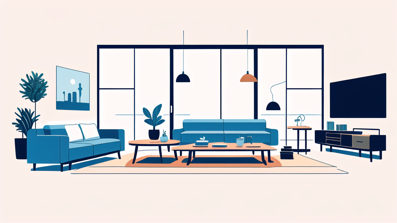 modern living room with blue sofa, coffee table, mini table sets, orange accents