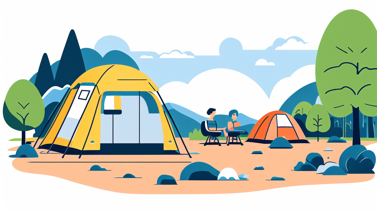 Serene camping scene with trees, mountains, and swinging camping chair by tents.