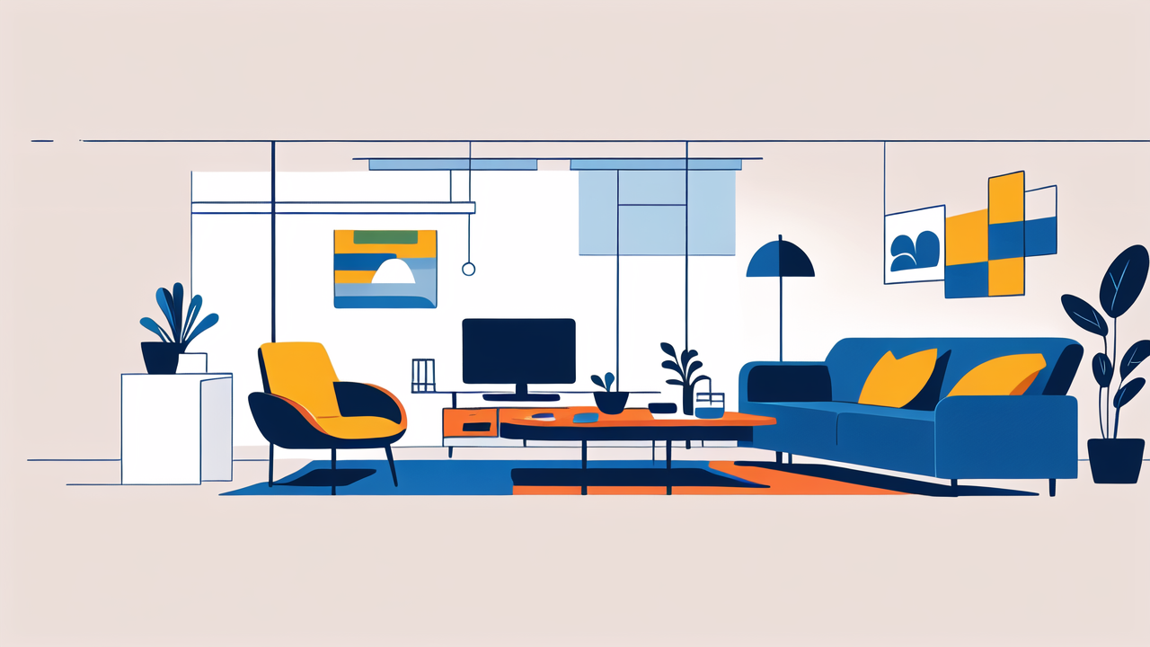 Modern living room with space saving dresser, Storage Solutions in blue and orange.