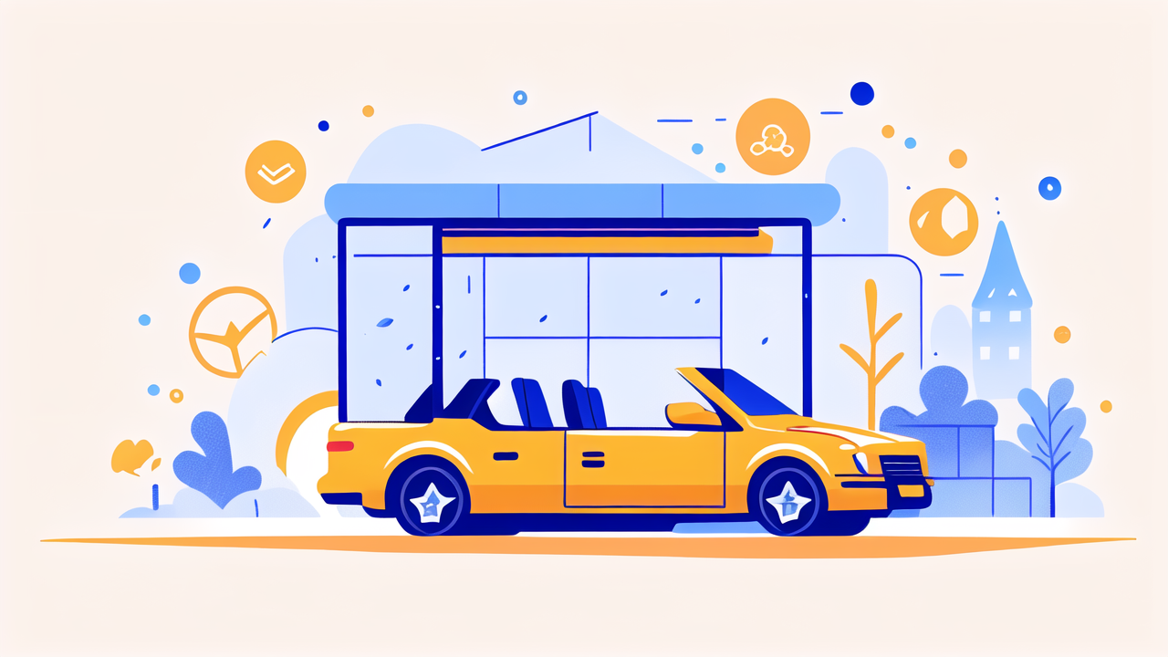 carbon core, Yellow convertible with star under blue geometric awning; urban Honeycomb Core Technology.