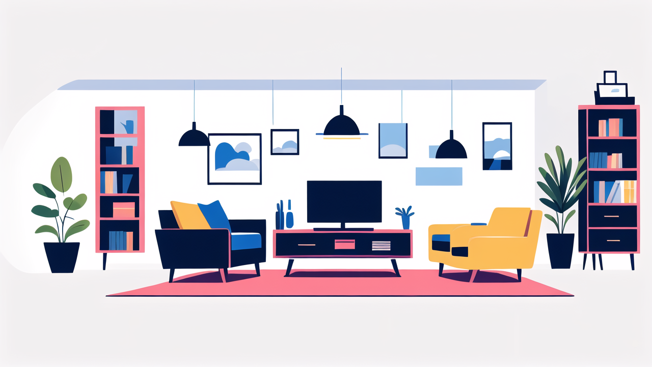 Modern living room with comfortable home theater seating, vibrant colors, and decor.