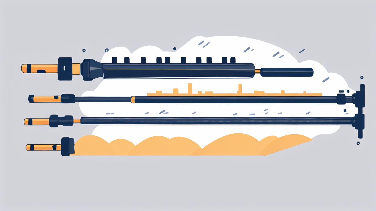 carbon fiber fishing pole, Stylized pipes with blue and orange valves, contrasting against light gray backdrop