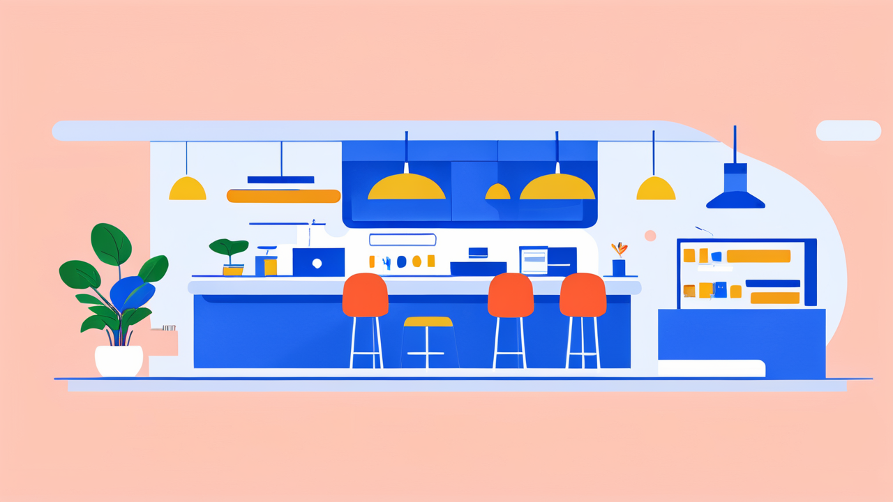 Modern cafe with chrome bar stools and vibrant bar seating, pink and blue hues.