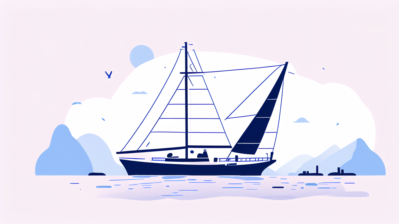 spars, stylized sailboat mast illustration with blue ship on pink background