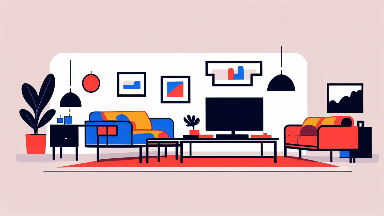 Modern living room decor with Smart TV stand, blue and red sofas, red rug