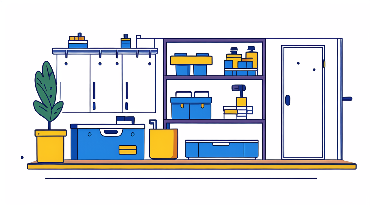 Bathroom storage carts near kitchenette with under sink storage containers visible