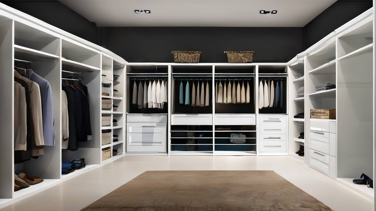 Modern walk-in closet with white shelves, black ceiling; home decor South Africa.