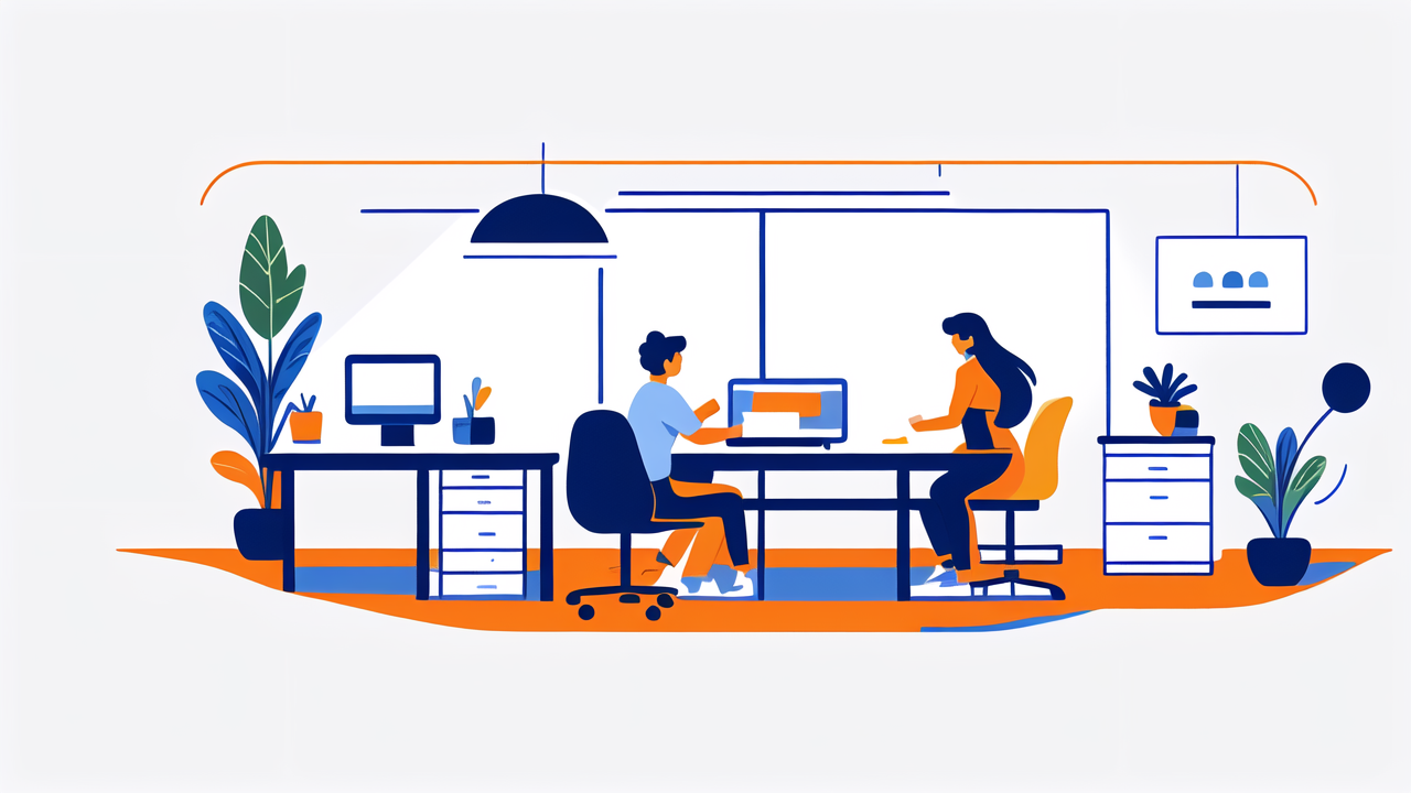 Modern office with workplace flexibility, Multipurpose Desks, blue-orange decor