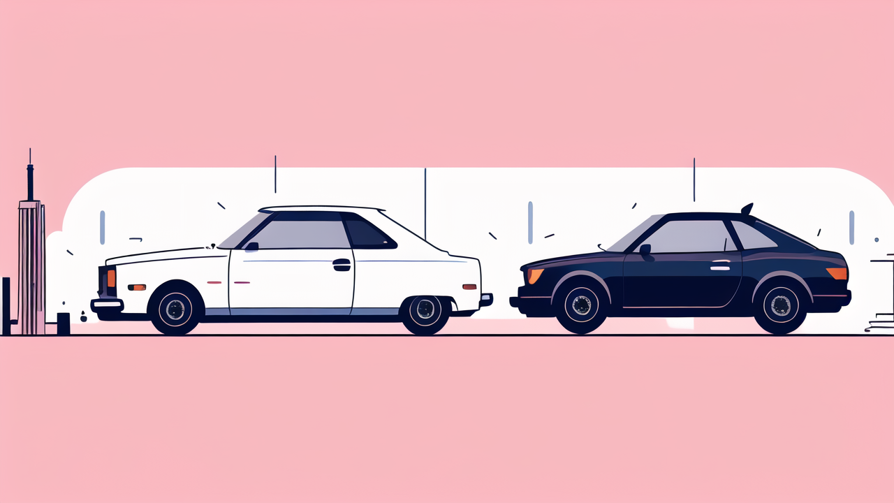 carbon toray, White sedan and black sports coupe under a pink sky; modern architecture backdrop.