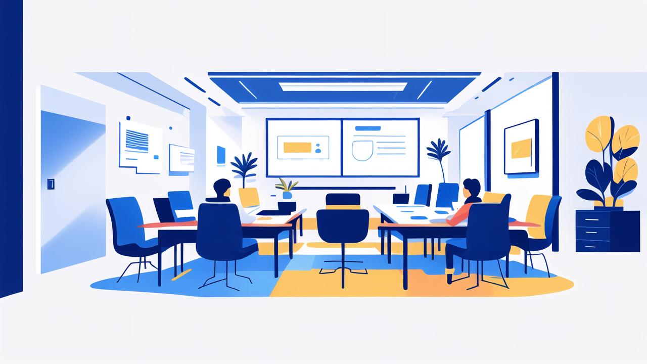 minimalist offices, Minimalist Chairs in vibrant modern office with plants, large screen, and whiteboard