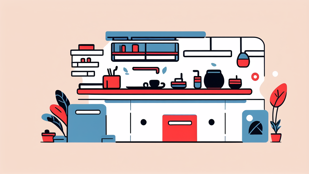 coffee station tables, Modern kitchen with Coffee Station Table, red backsplash, blue cabinets, white countertop
