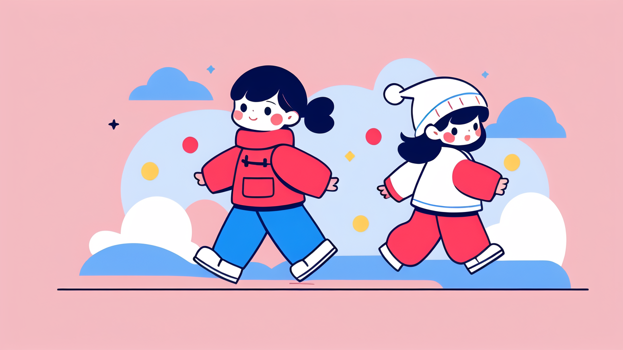Cartoon girls in baby winter outfits, cheerful in colorful jackets and pants