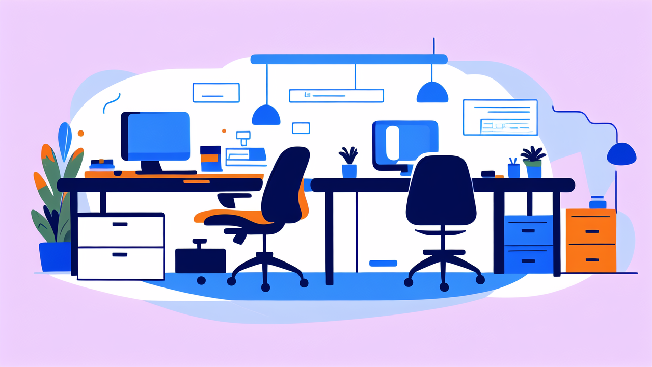 Modern office furniture with blue desk and chairs, featuring Cosmic Bar design.
