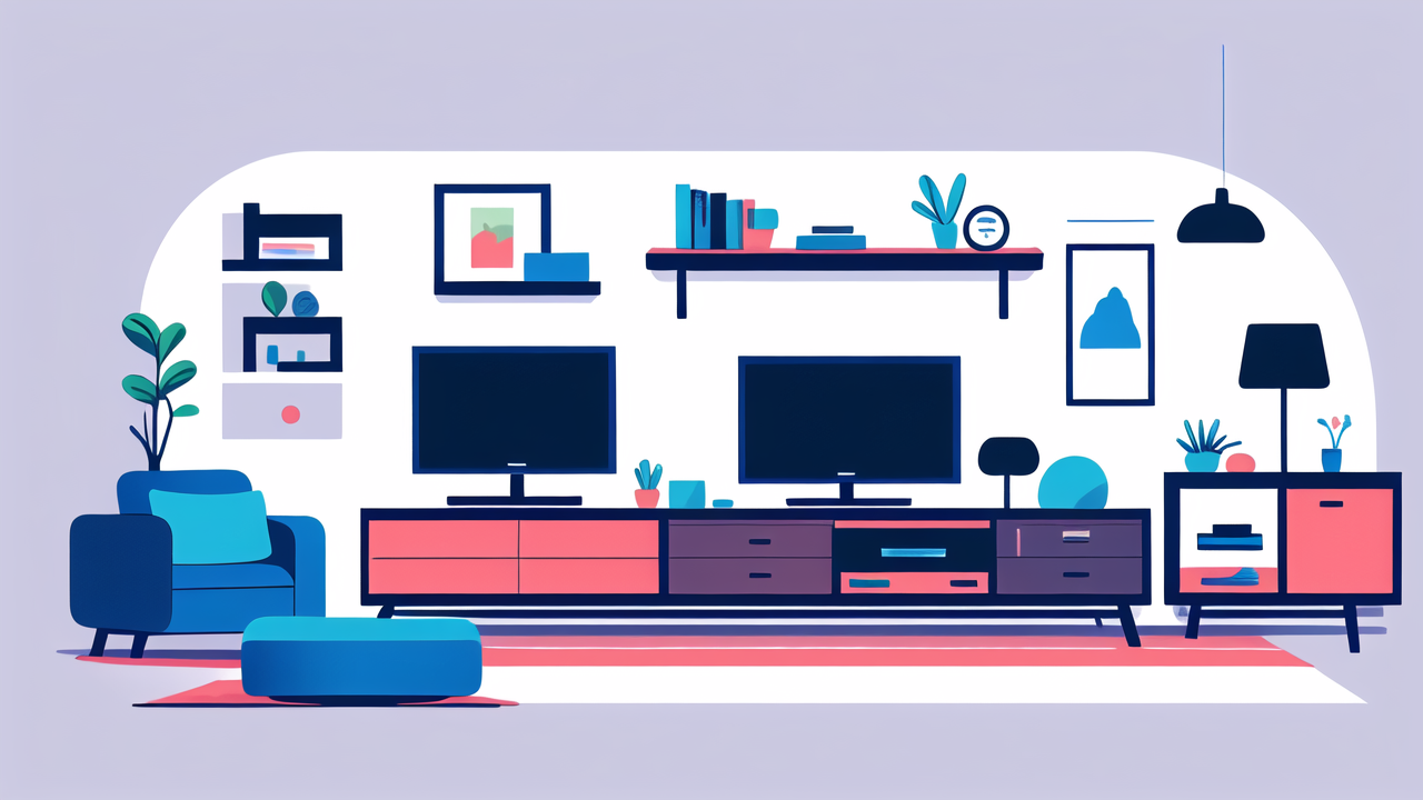 Modern living room with Smart TV Stand, blue armchair, pink ottoman, sleek design.