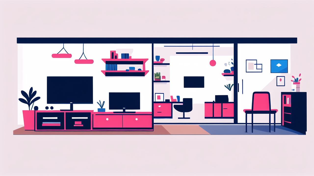 wall TV mounts with TV stands, laptop, books, and workspace setup with blue accents