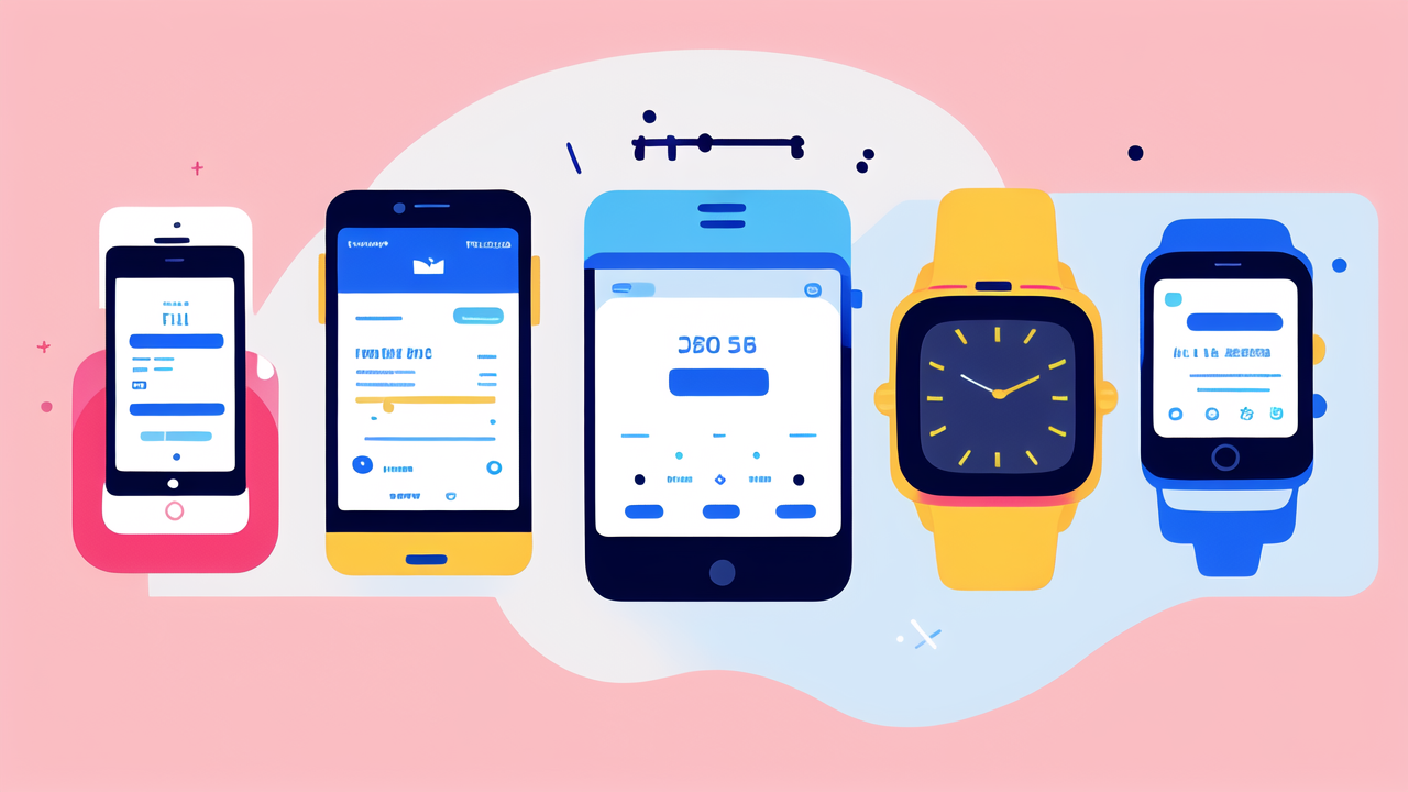 Affordable Smartwatch sneakers in dynamic layout, featuring blue, red, and white designs.
