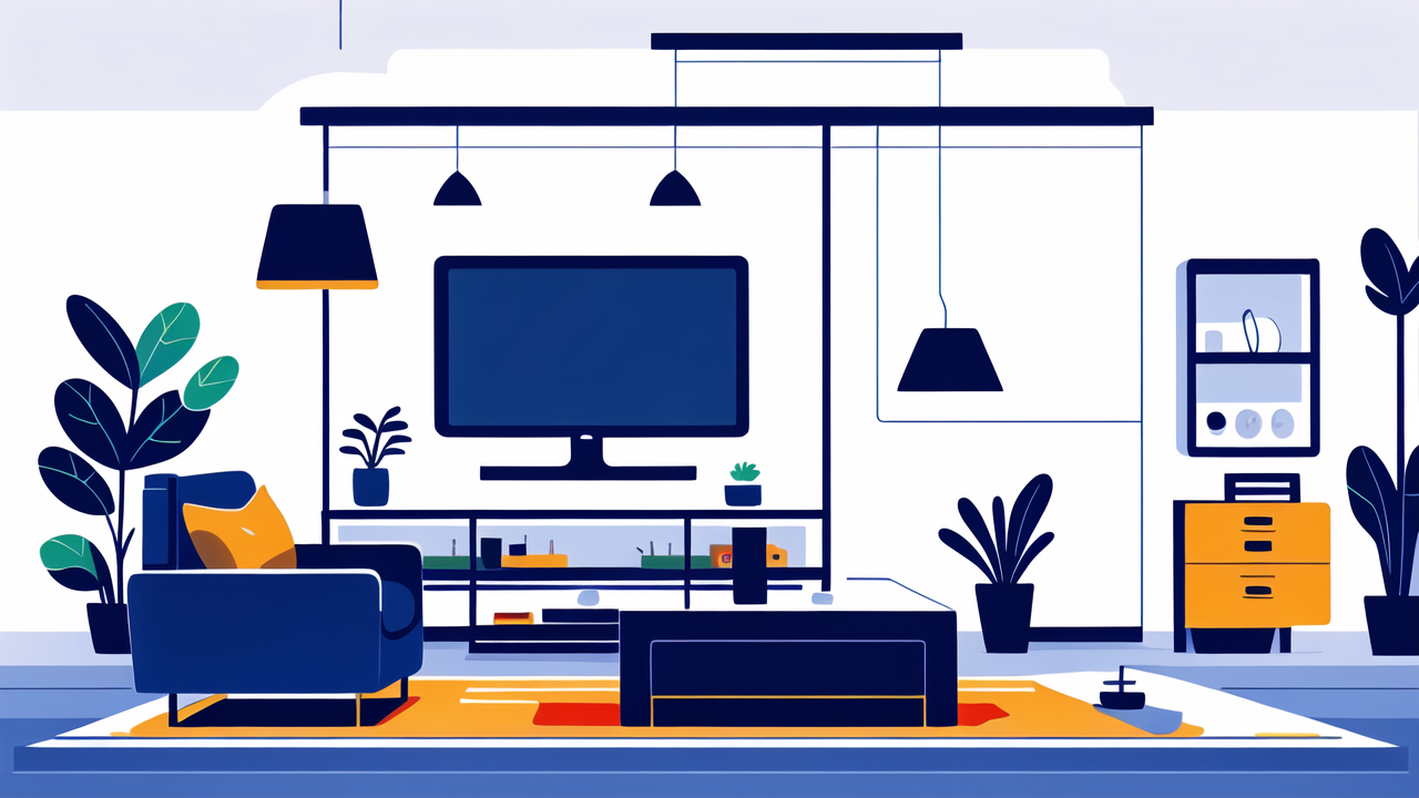 home decor tech, modern living room with Smart Tables, white sofa, blue rug, and natural light