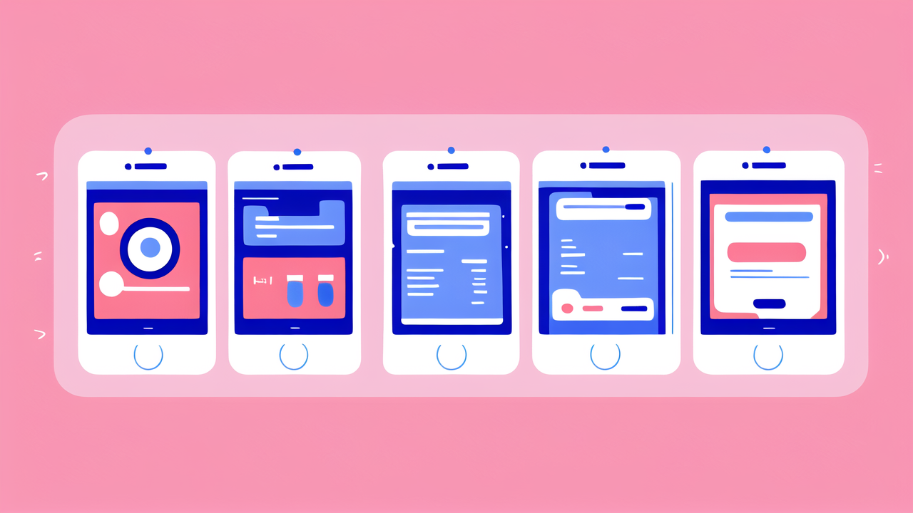 smart band, Five smartphone screens with various app interfaces on a vibrant pink background.