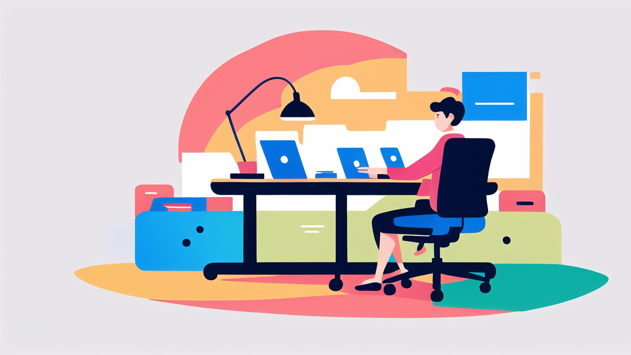 Modern workspace with Ergonomic TV Stands and vibrant blue and pink design.