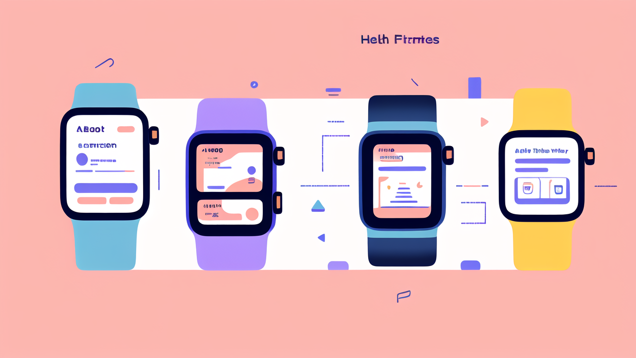 wearable technology, Vibrant cartoon workout scene on smartphone screens; emphasizes fitness smartwatches.