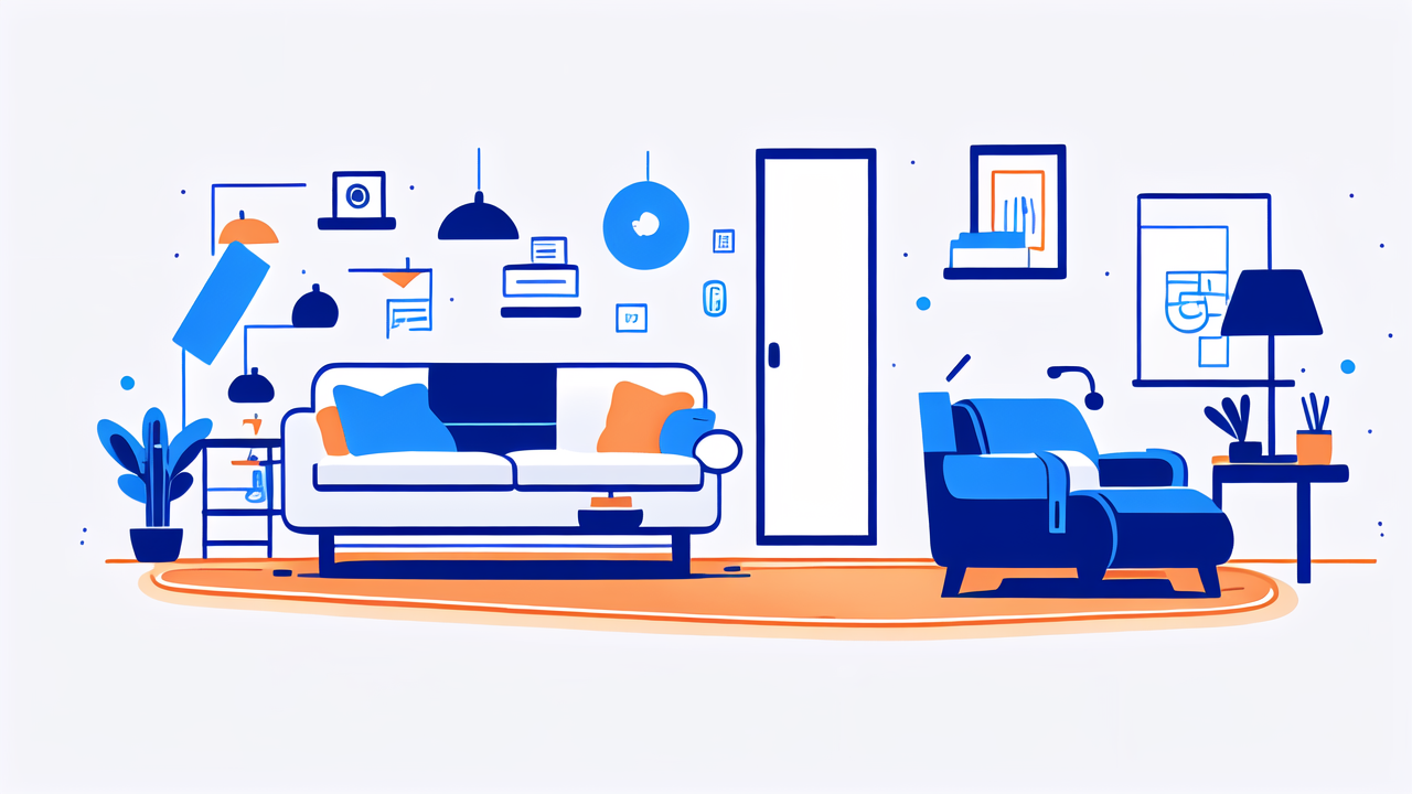 Modern living room with blue armchair, orange cushions; recliner maintenance focus.