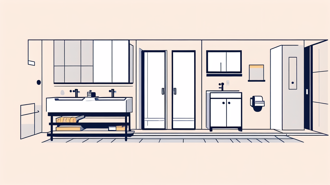 Modern minimalist bathroom with under sink storage containers, double sink, glass shower.