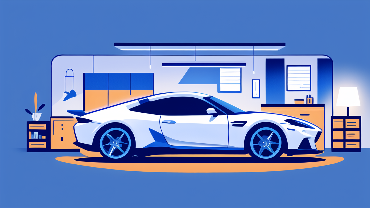 White car with blue rims in a modern interior with blue carbon fiber wrap.