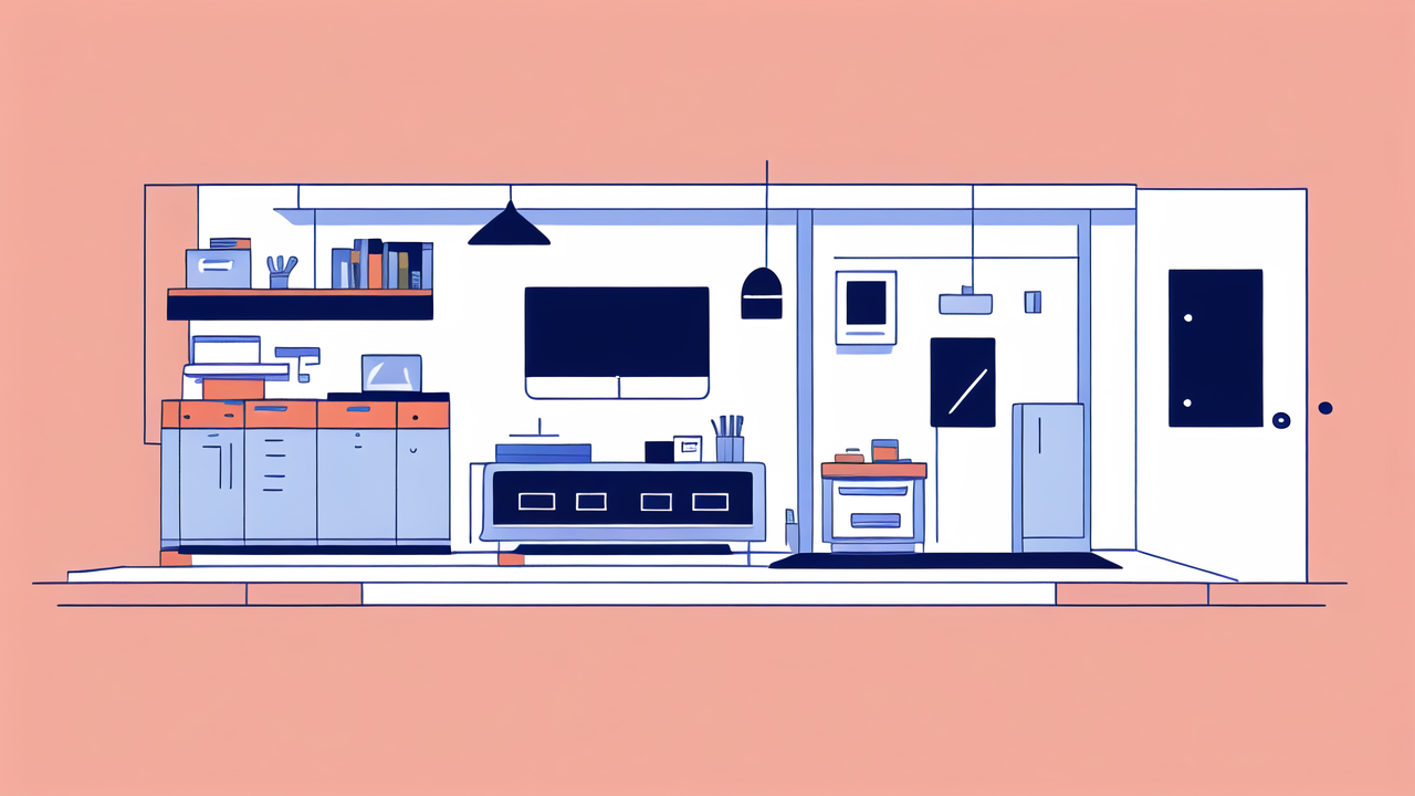 Minimalist modern apartment with space-saving beds; home cinema sets visible.