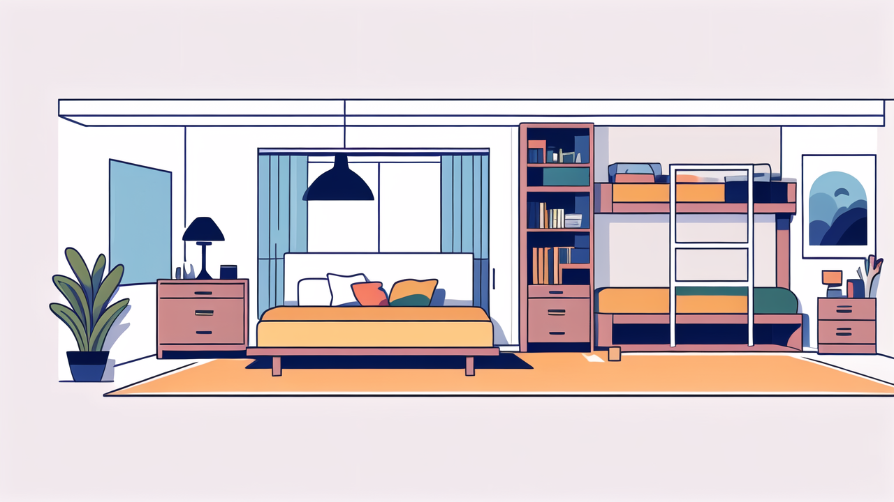 modern apartment floor plan with multifunctional bed; multi-functional furniture focus