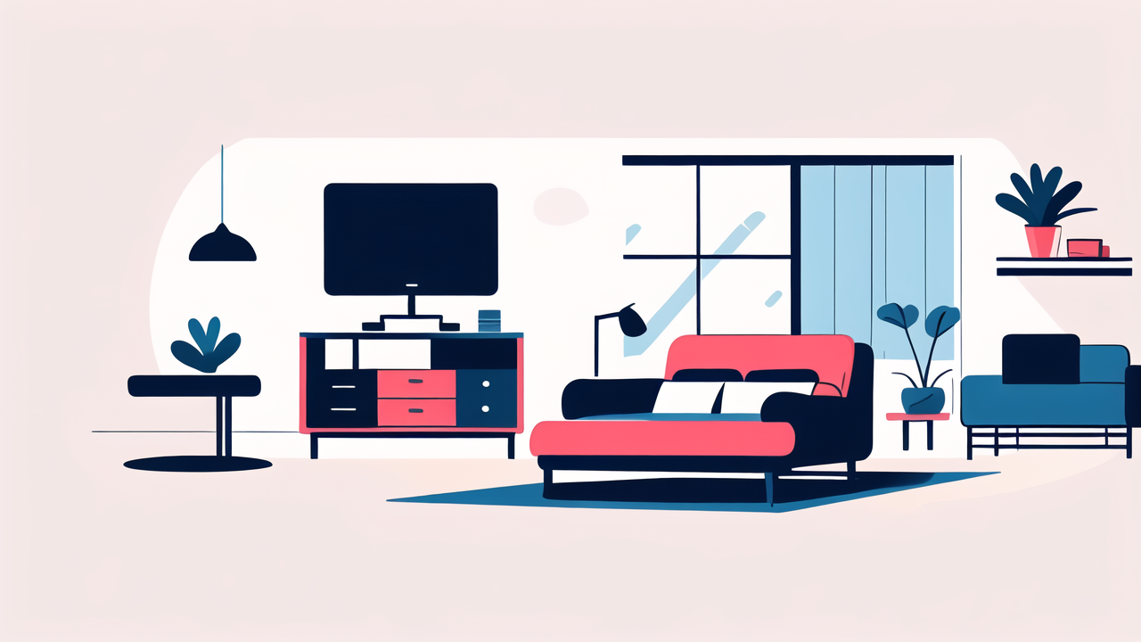 Modern living room with blue sofa, red rug, white accents; furniture South Africa