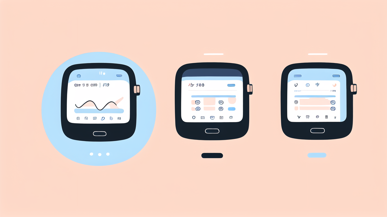 health monitoring devices, Smartwatch icons surround a computer monitor displaying a webpage with three sections.