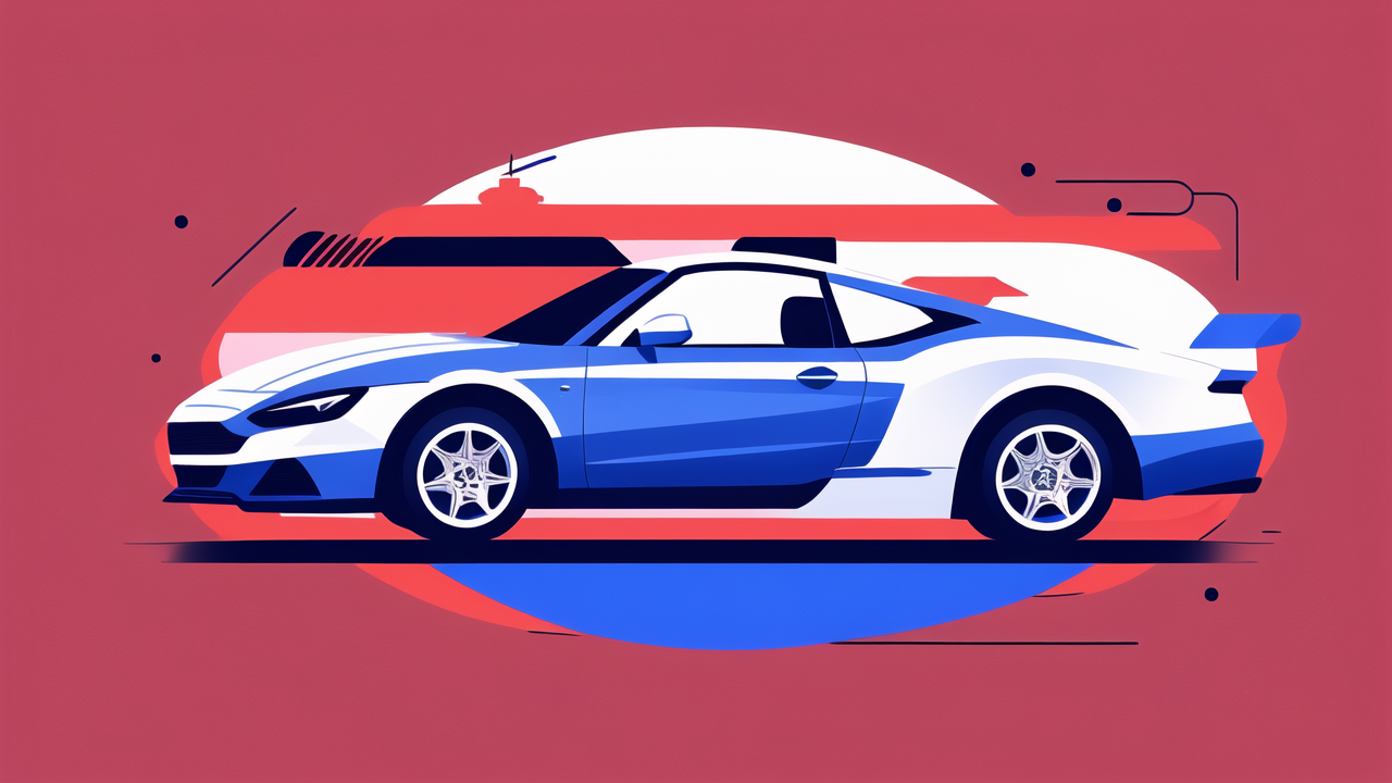 carbon fiber hood, Blue and white sports car with carbon fiber elements in dynamic motion art style