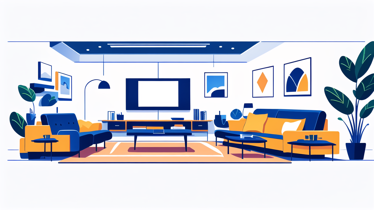 Modern living room with blue home cinema seating and yellow accents, city view.