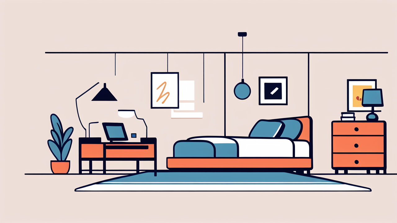 design of bars, Modern minimalist bedroom with blue striped comforter, plants, and framed artwork