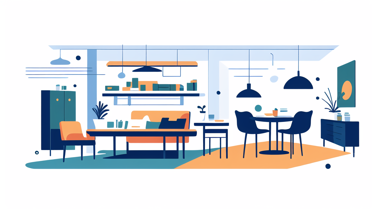 tv stand designs, Modern living room with TV stands, black sofa, orange cushions, and potted plants.