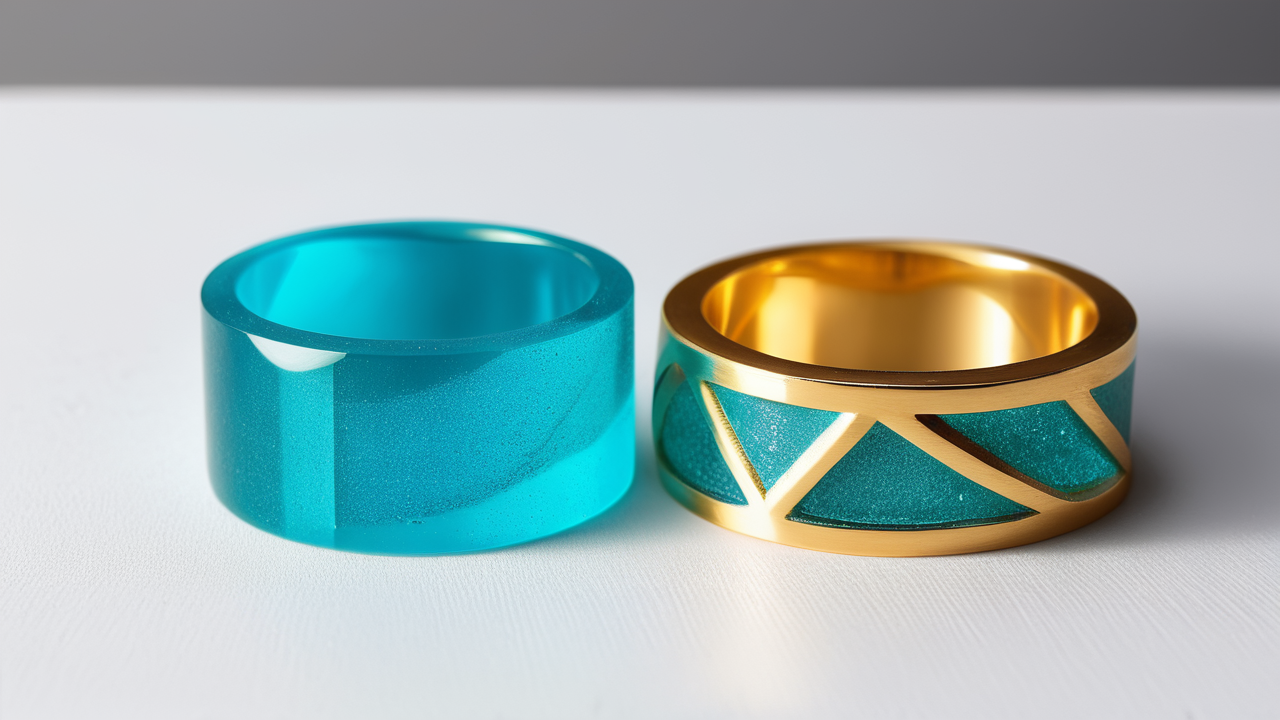 resin coaster molds, Trio of colorful resin rings on a white surface; focus on Resin Jewelry Molds.