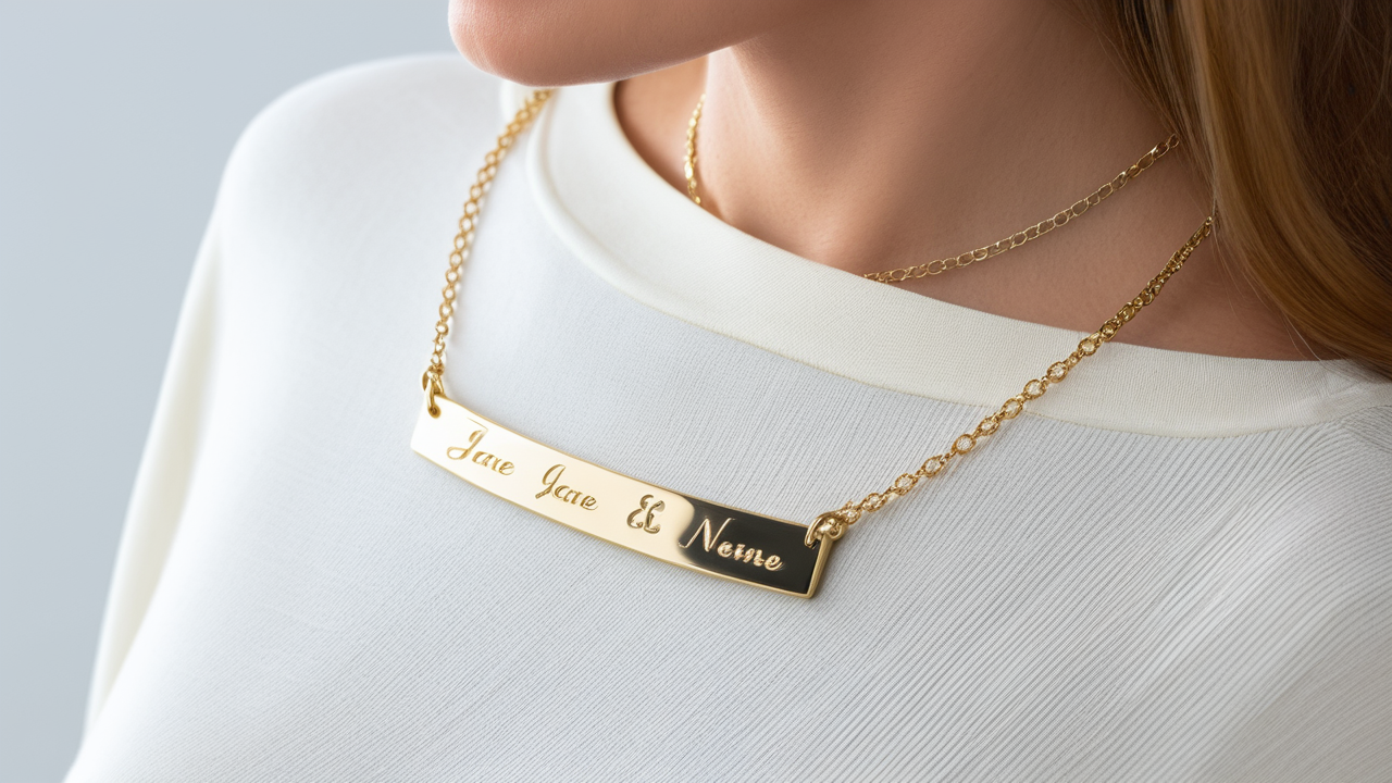 Gold custom nameplate necklace with "Jane & John" pendant on white-shirted neck