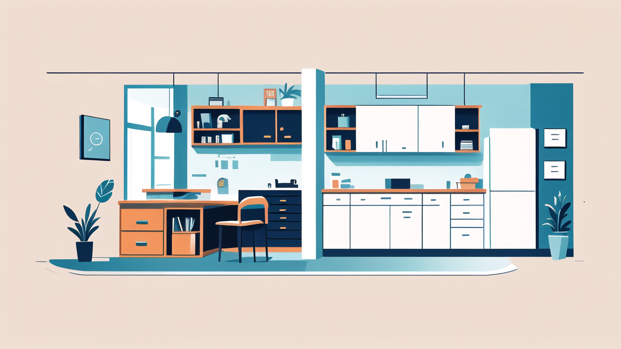 Modern minimalist room with blue accents, Bar chairs, and space saving dresser.