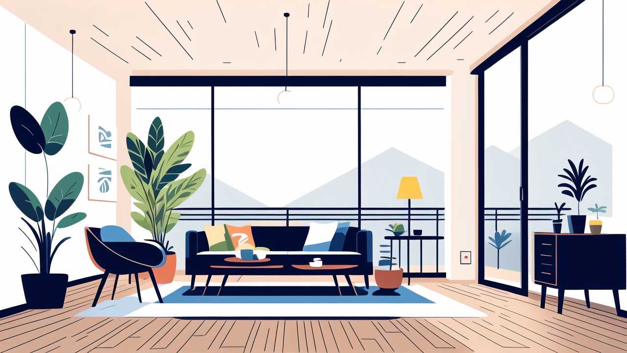 Modern office with Wooden Accent Tables, plants, and neutral white, blue tones.