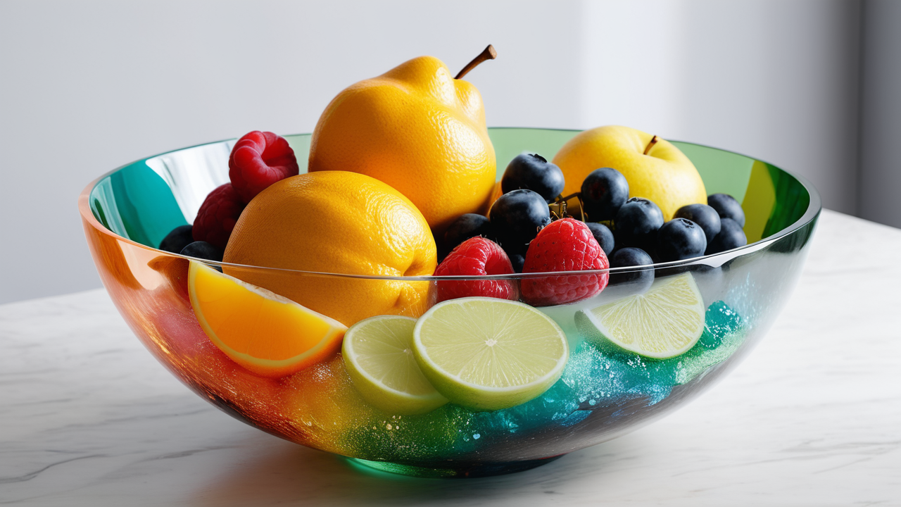 Person mixing turquoise liquid in glass bowl with yellow spatula, resin bowls focus