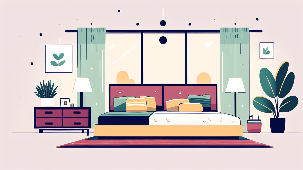 Serene bedroom with red headboard, pillows, side desk table, and vibrant side table.