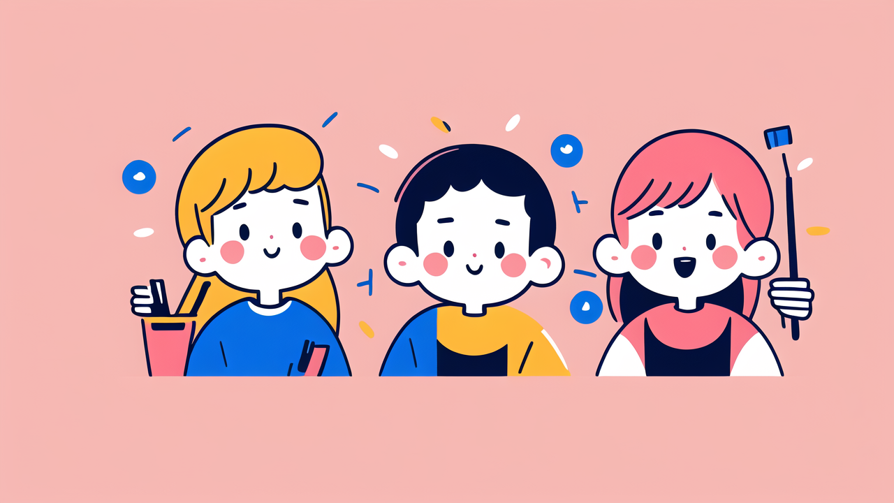 Cheerful cartoon scene with soft bristles, characters, heart balloon, nasal aspirator.