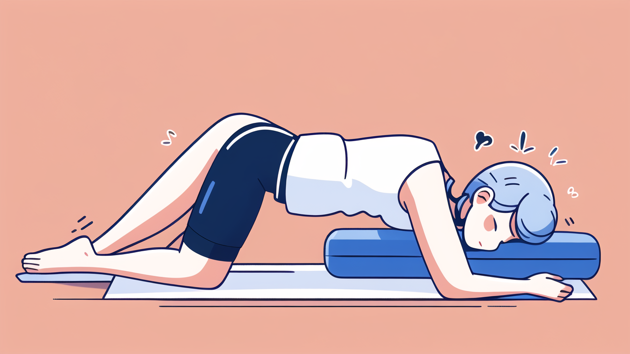 foam roller, Person in Sphinx pose with yoga bolster, tranquility emphasized by heart symbols.